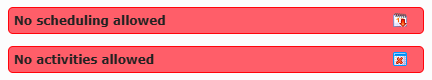 Member profile with the red bars "No scheduling allowed" and "No activities allowed"