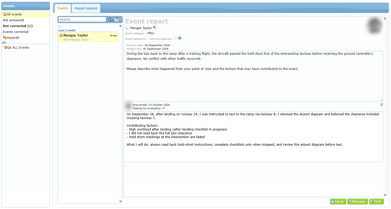 Event report after the evaluation request, showing "Answered" with the date, "Waiting for evaluation" and the answer text