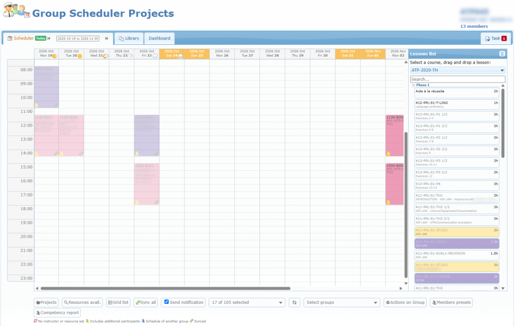 Lessons list anchored on the right of the calendar with the detach icon visible