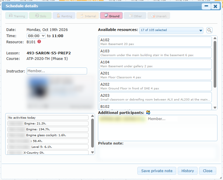 "Schedule details" read-only dialog with the Save private note button