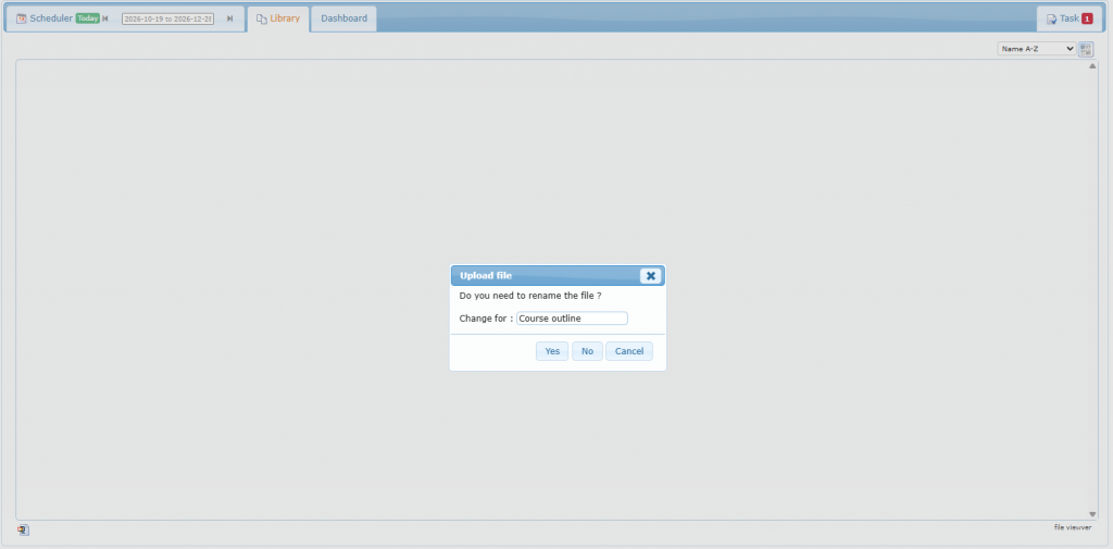 Library tab with files and the Upload file rename window