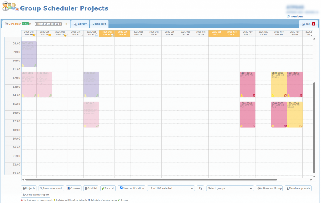 Group Scheduler page with a project loaded, showing the tabs, project title at the top right, the calendar grid, the bottom buttons and the legend