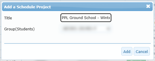 "Add a Schedule Project" form with Title and Group (Students) filled in