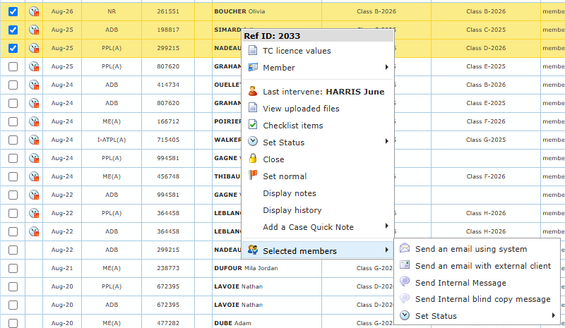 Selected members submenu