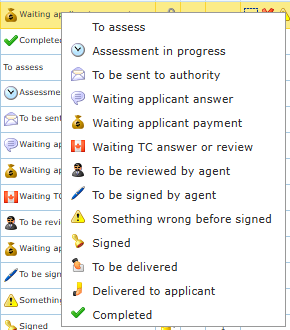 Status menu on the status cell