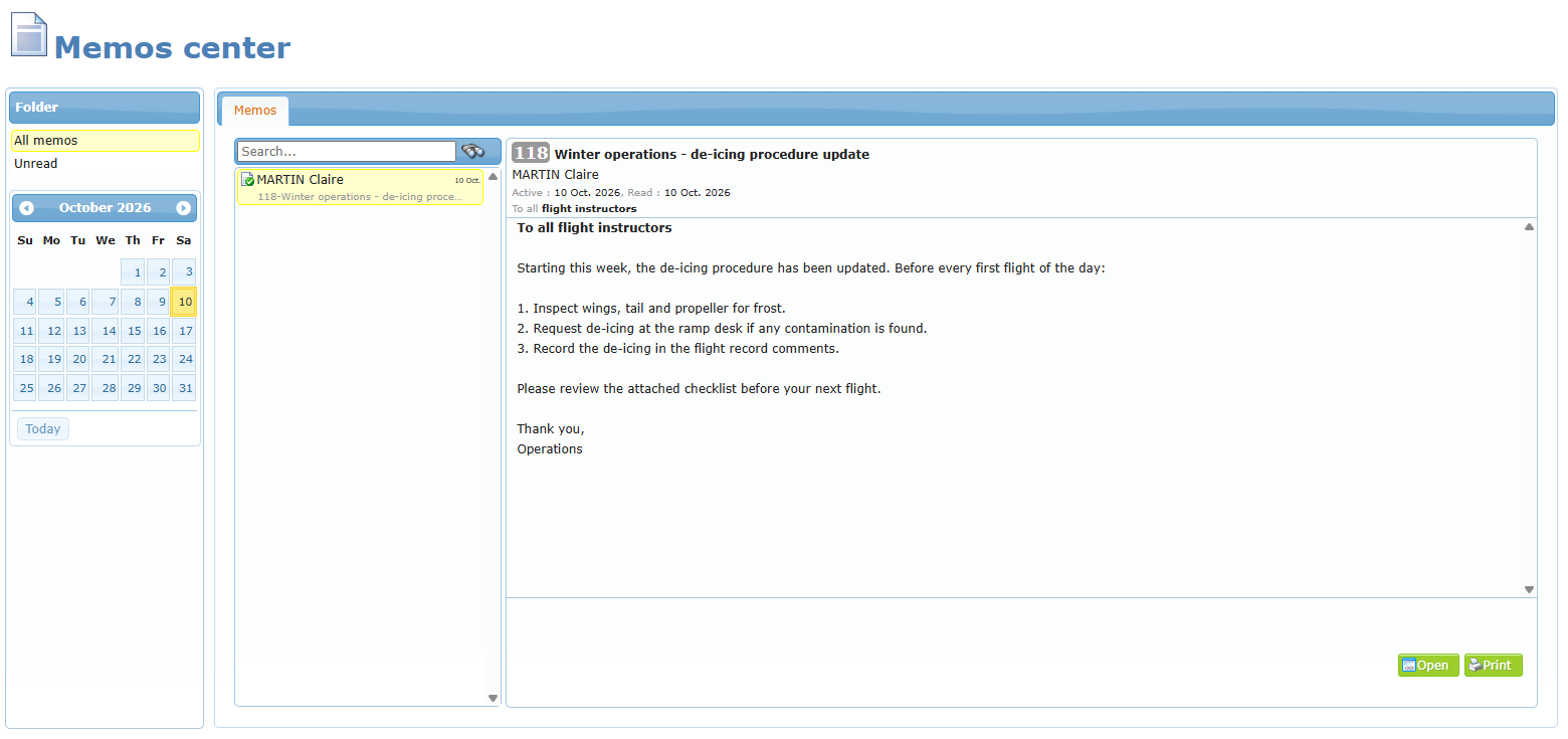 Memos center, All memos folder with the search field, the calendar and the Open and Print buttons