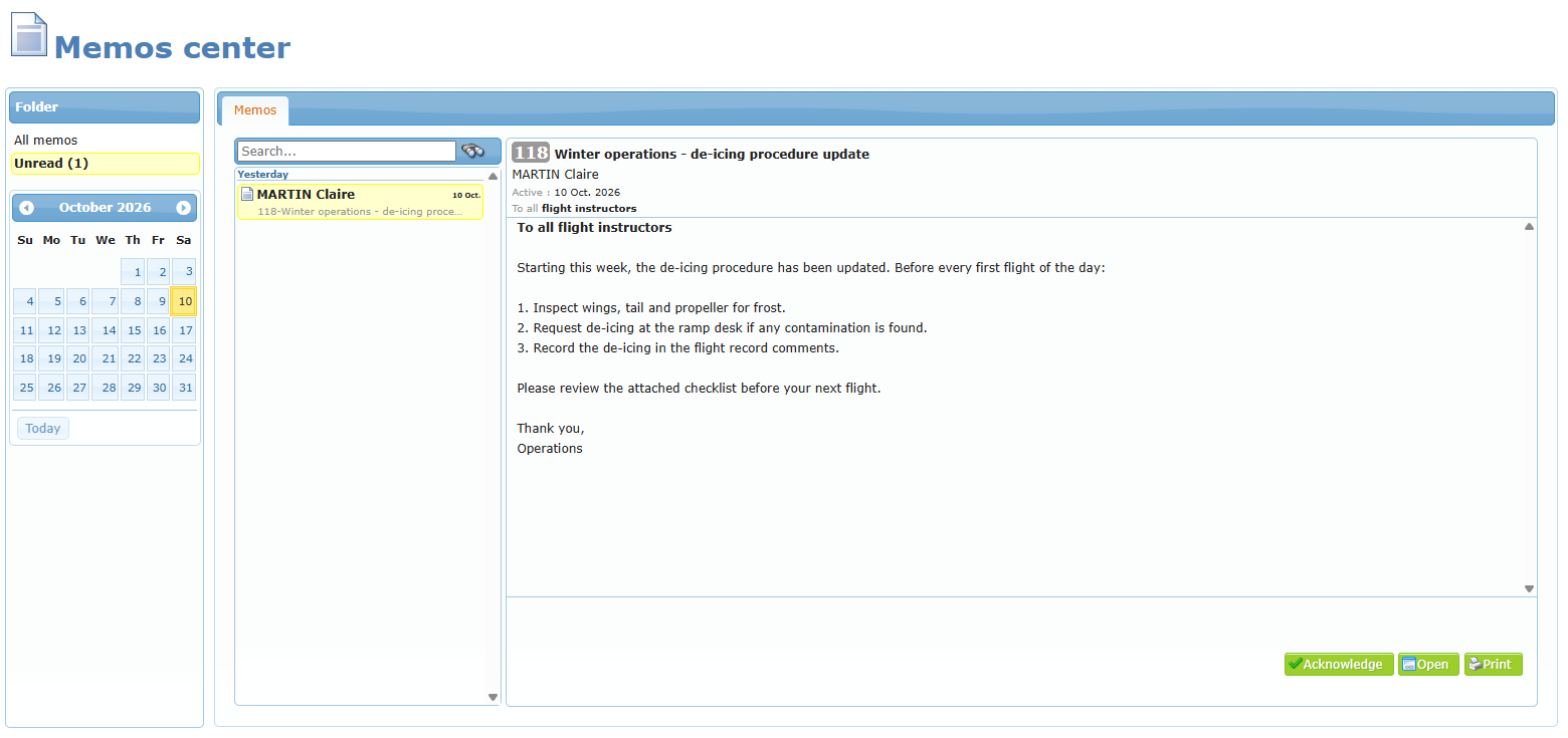 Memos center seen by a normal member, the Unread (1) folder selected and the new memorandum opened with the Acknowledge button