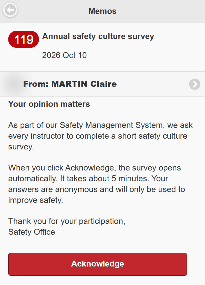 Mobile version, an unread memorandum opened with the Acknowledge button at the bottom