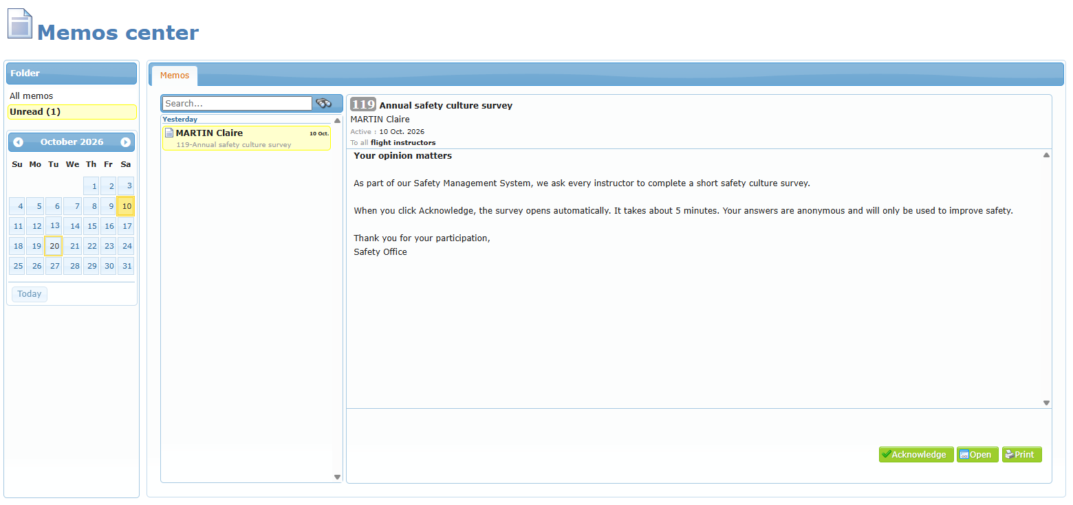 Memos center seen by a normal member, unread memorandum with a mandatory survey and its Acknowledge button