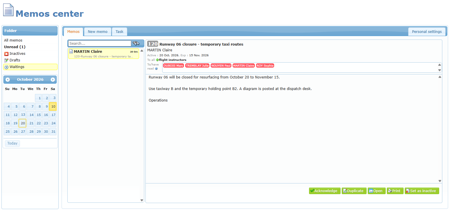 Memos center (manager view) with the Waitings folder selected, showing a memorandum active from a future date and its expiry date
