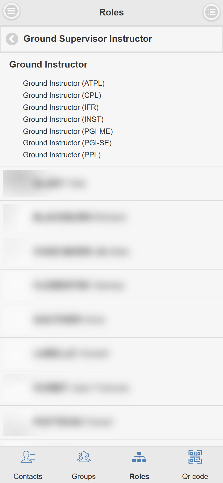 Mobile Roles page opened on a role, showing its sub-roles and the list of members (blurred)