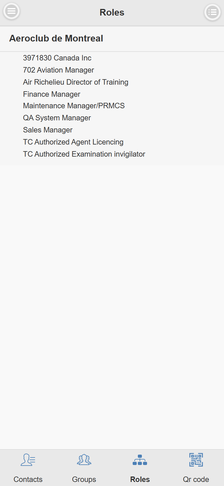 Mobile Roles page at the top of the organization with its sub-roles, and the bottom bar with Contacts, Groups, Roles and Qr code