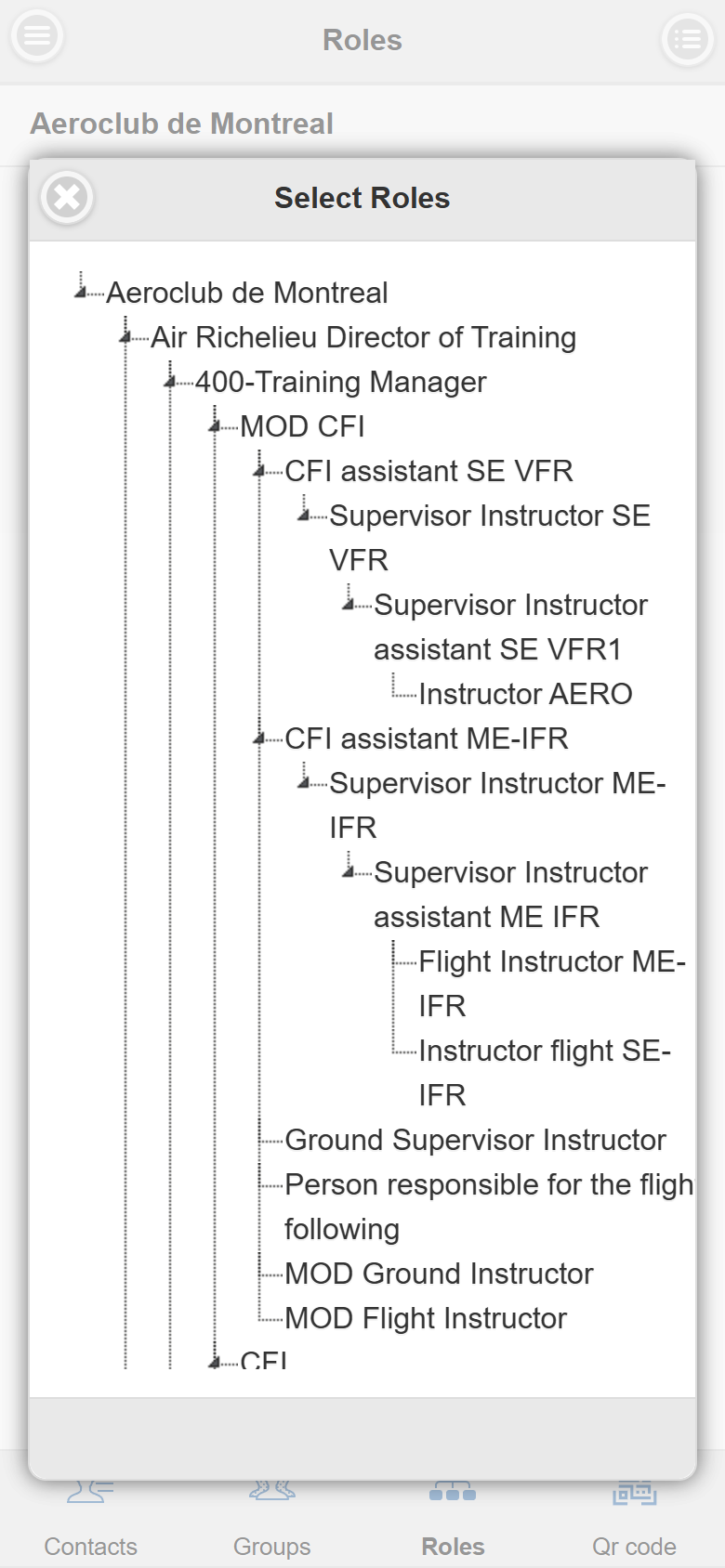 Select Roles window on the phone showing the role tree