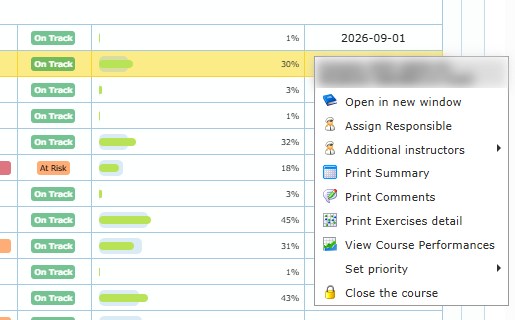 Course row right-click menu.
