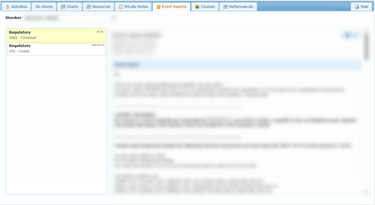 Event Reports: the Member selector, the list of reports with their status, and the report detail with its Print button (content blurred).