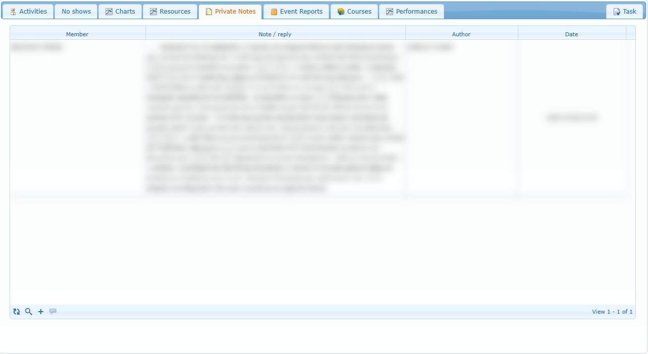 Private Notes: one row per note or reply, with refresh, search and add controls in the footer (content blurred).