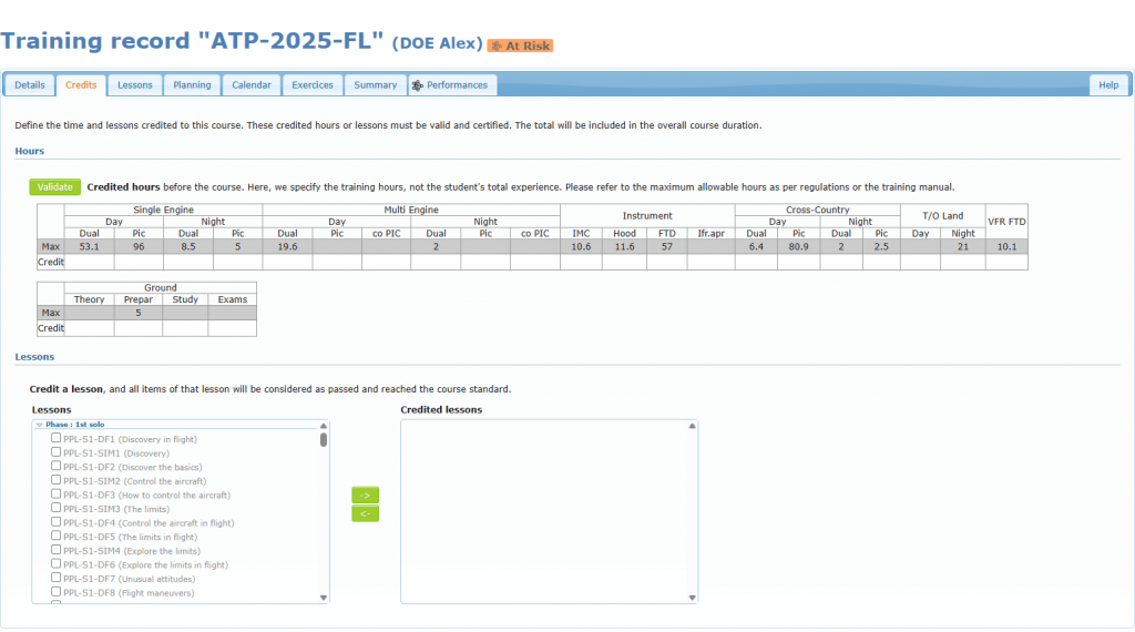 Credits tab with the Hours table (Max and Credit rows), the Ground table and the Lessons transfer lists