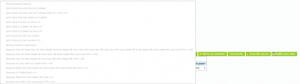 Certificates menu with a certificate showing the Missing passed lessons and Missing duration experience sub-menu