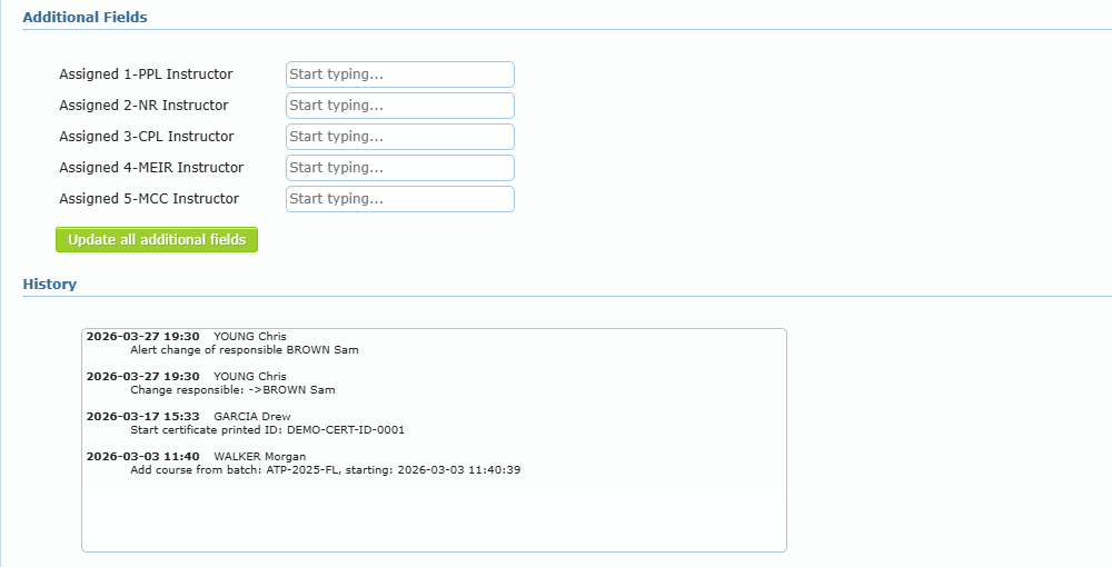Additional Fields section with the Update all additional fields button and the History box