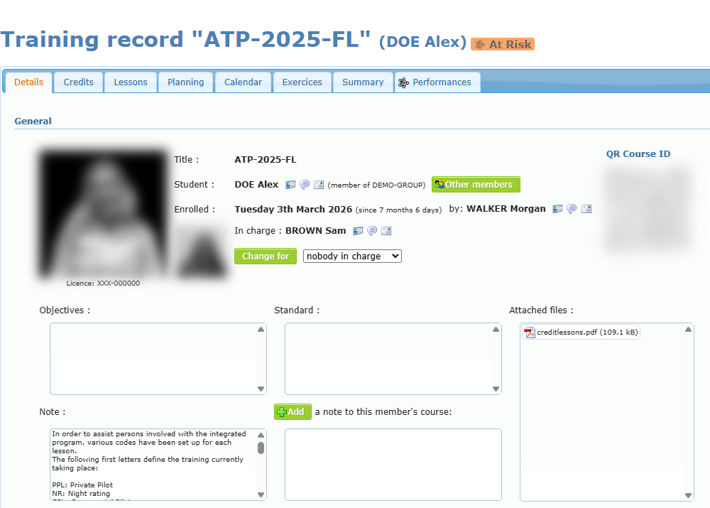 Details tab of a training record with the title, student, enrolment, person in charge and QR course ID