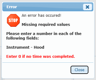 Error window Missing required values listing Instrument - Hood