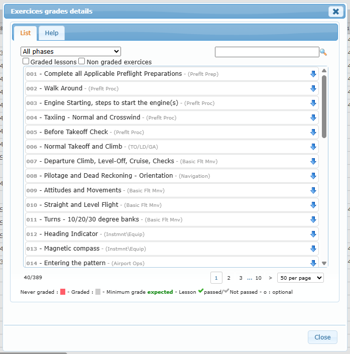 Exercices grades details window with phase filter, Graded lessons and Non graded exercices options, search field and list