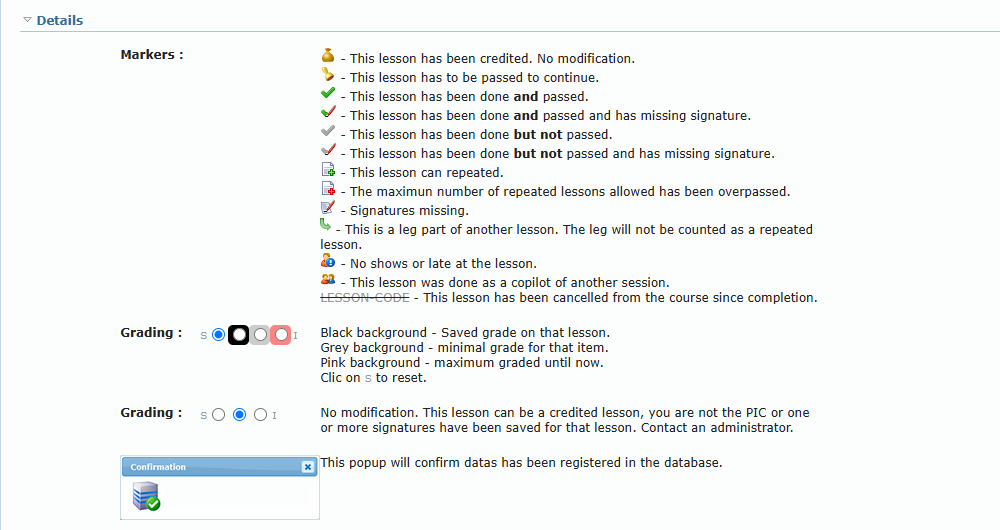 Help tab with the markers legend, the grading display legend and the grade descriptions