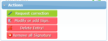Actions panel of a completed lesson with Request correction, Modify or add Sign., Delete Entry! and Remove all Signature