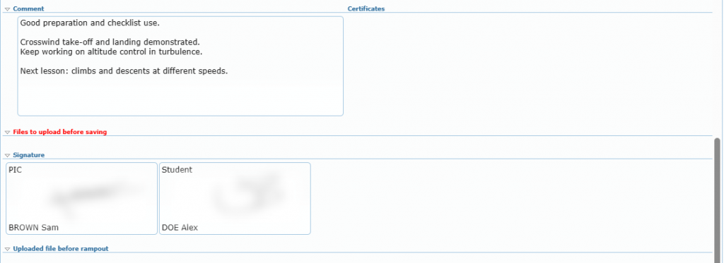 Comment box, Files to upload before saving and the Signature section with PIC and Student signatures