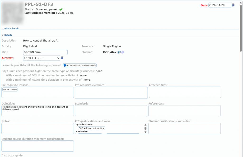 Top of a completed lesson: status, date, Details section, prerequisites, objective, standard and qualifications