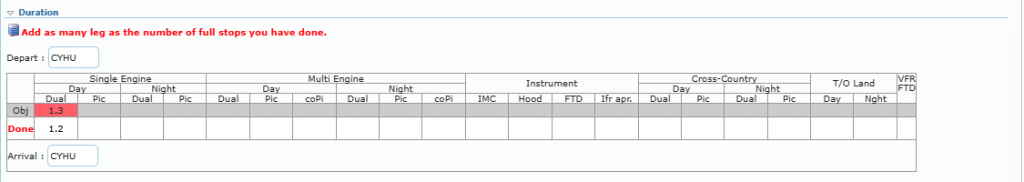 Duration table of a completed lesson with Obj and Done rows and the Depart / Arrival airports