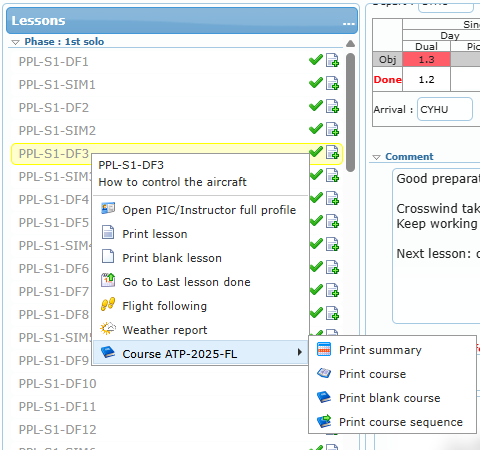 Right-click menu of a lesson with the Course sub-menu open