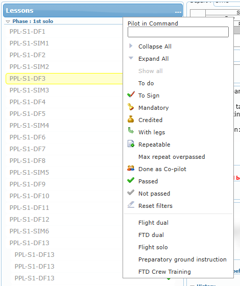The "..." options menu of the Lessons list with all filters