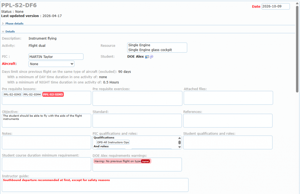 A lesson not yet done: Status None, Date, PIC search field, Aircraft list, prerequisite lesson in red and requirements warnings