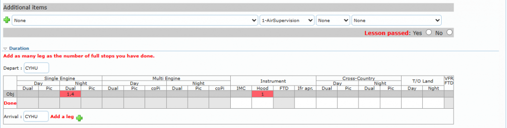 Duration table of a new lesson with the grey cells linked to the Flight Records, the red required columns and Add a leg