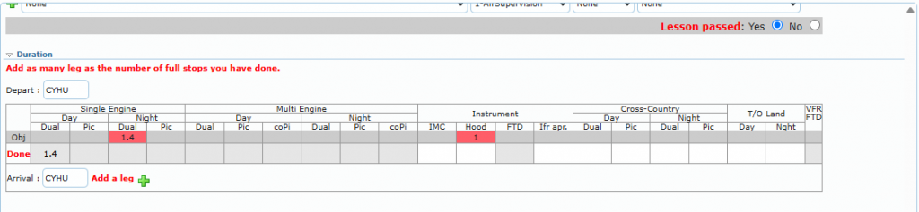 Duration row filled from the selected flight record and Lesson passed set to Yes