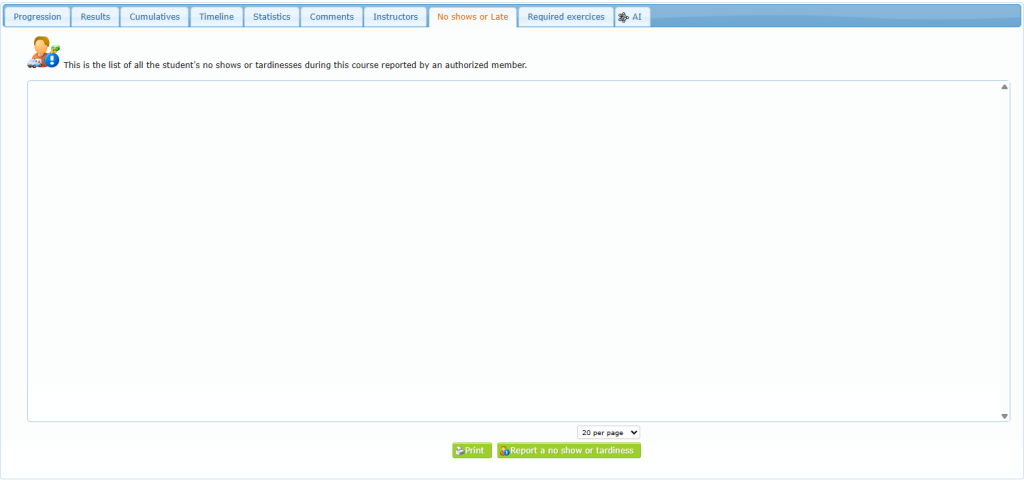 No shows or Late sub-tab with Print and Report a no show or tardiness buttons
