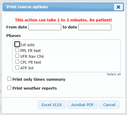 Print course options window with dates, phases, Print only times summary, Print weather reports and Excel / PDF buttons