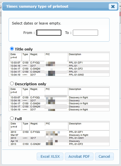 Times summary type of printout window with dates and the Title only / Description only / Full layouts