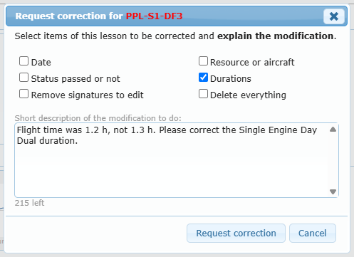 Request correction window with Durations ticked and an explanation