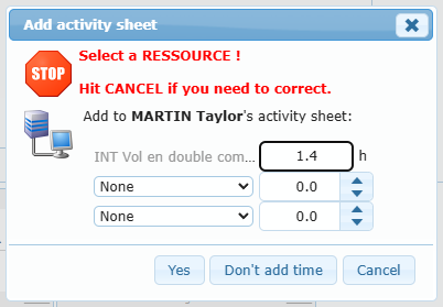 Add activity sheet window with a warning, the time to add and Yes / Don't add time / Cancel