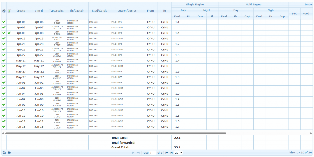 Summary grid with dates, aircraft, PIC, student, lesson, airports, duration columns and totals