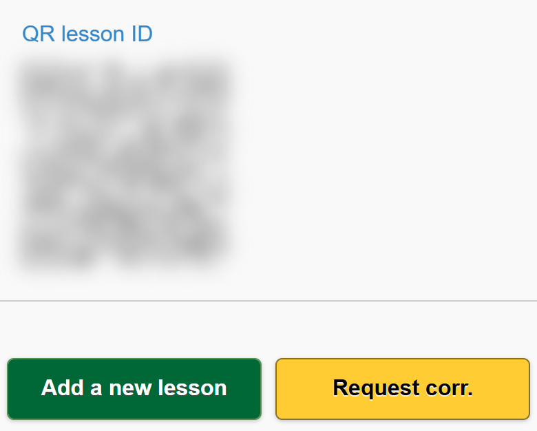 QR lesson ID and the Add a new lesson and Request corr. buttons