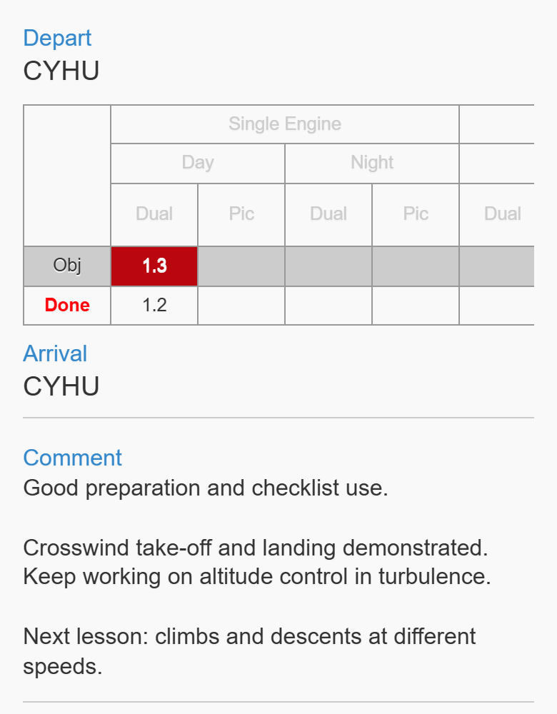 Depart, duration table with Obj and Done rows, Arrival and the instructor's comment