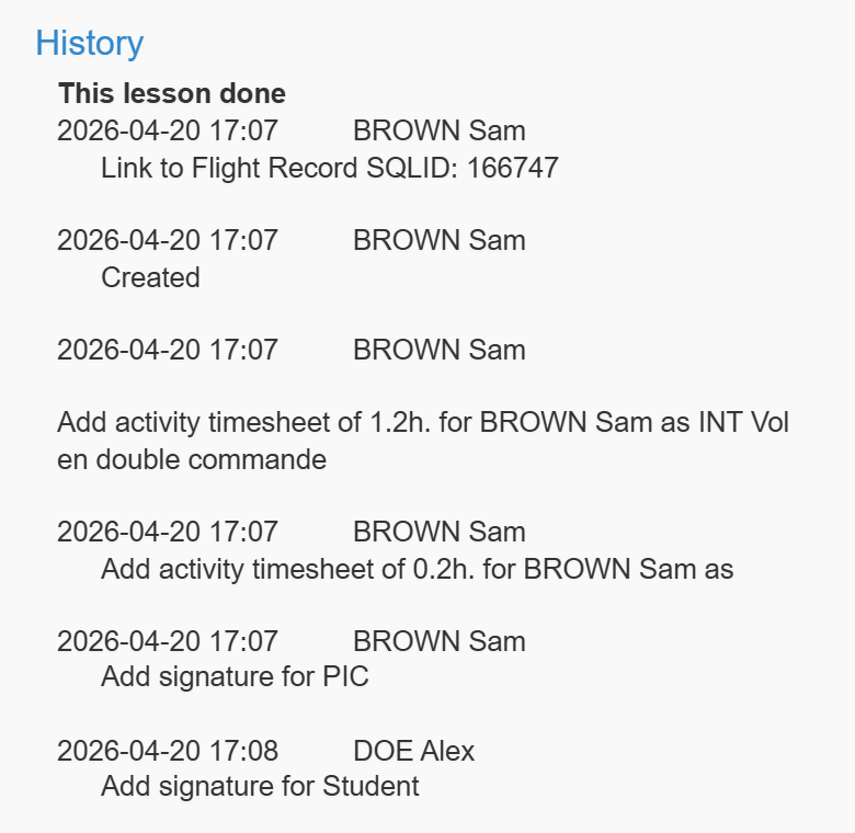 History of the lesson entry with creation, activity sheet and signature events