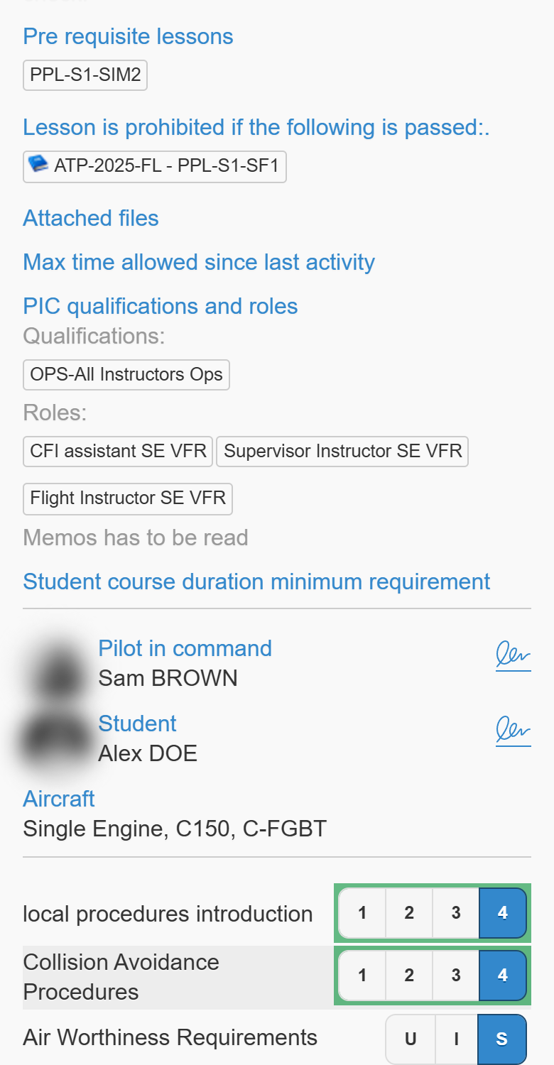 Prerequisites and qualifications, Pilot in command and Student with their signature icons, the aircraft and the first graded items