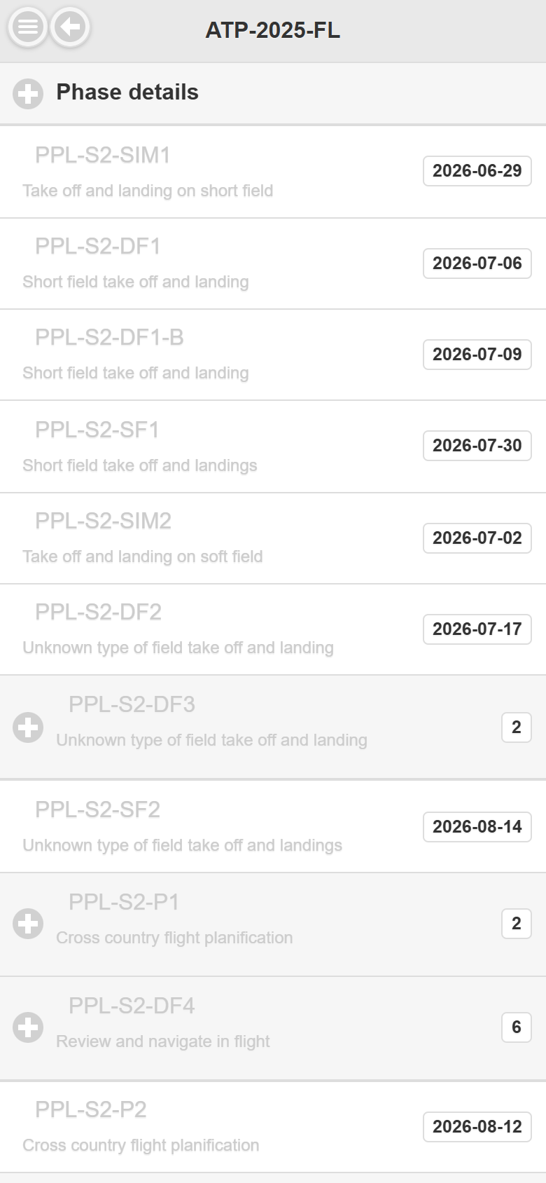 Opened phase with Phase details, completed lessons in grey with their date, and lessons with repetitions showing a count