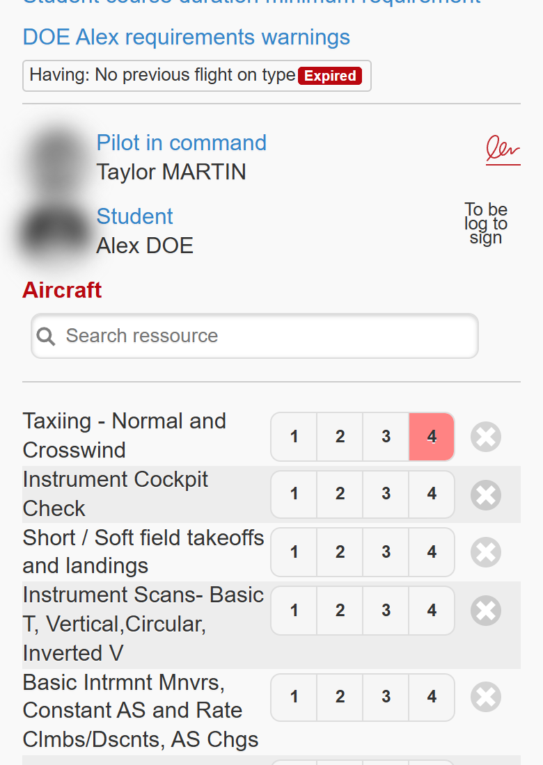 Requirements warning, Pilot in command with the signature icon, Student "To be log to sign", the Aircraft search and the items to grade