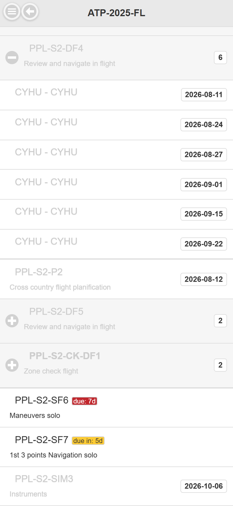A lesson opened to show its six entries by airports and date, and two lessons with due and due-in badges