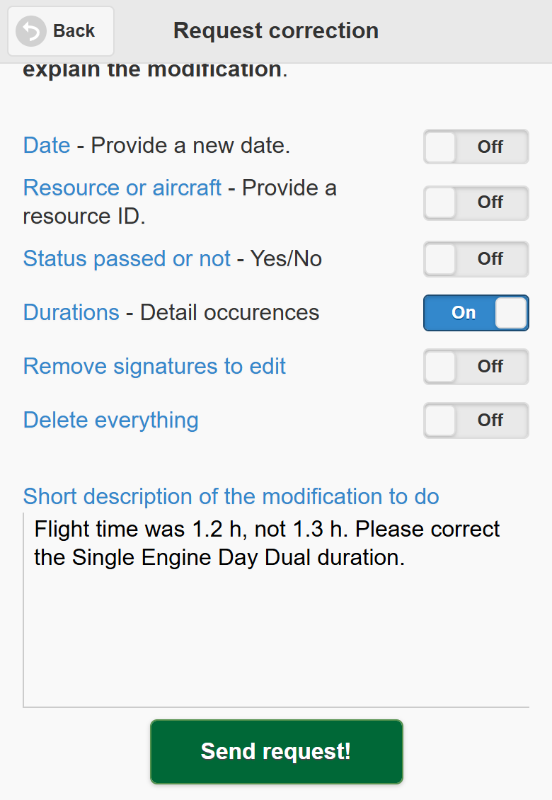 Request correction page with switches for Date, Resource or aircraft, Status, Durations, Remove signatures, Delete everything, the description and Send request!